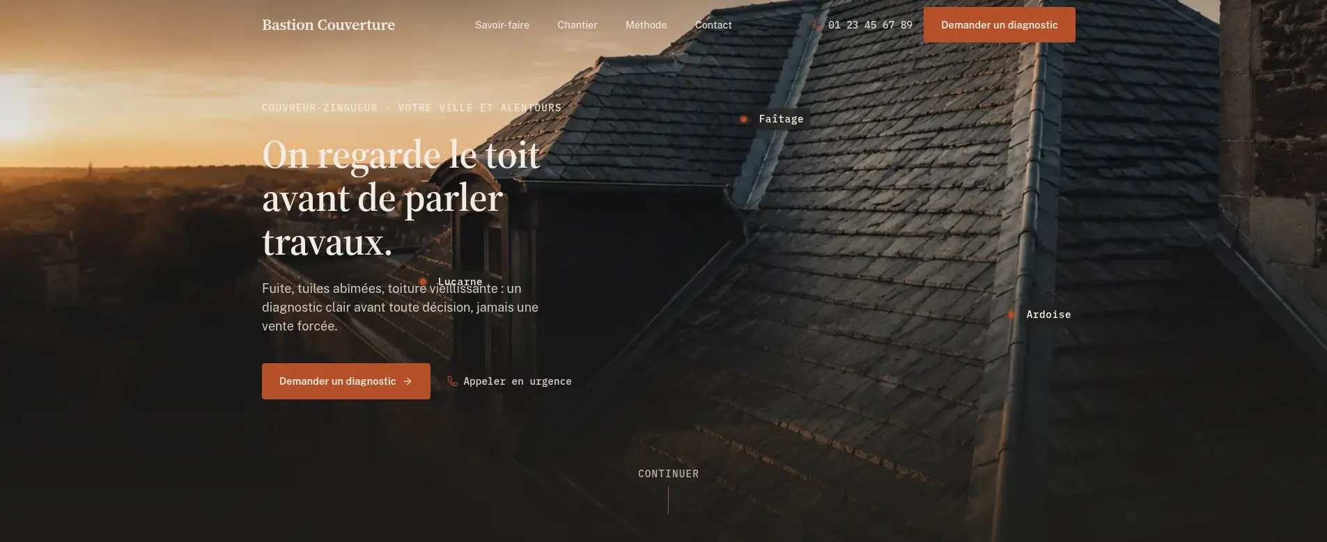Aperçu du template Bastion, site vitrine pour couvreurs-zingueurs et charpentiers-couvreurs